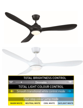 Juno DC 1400mm Stunning 3 Blades 18w Led Tri Colour Dimmable Coastal Friendly Ceiling Fan With Remote Control