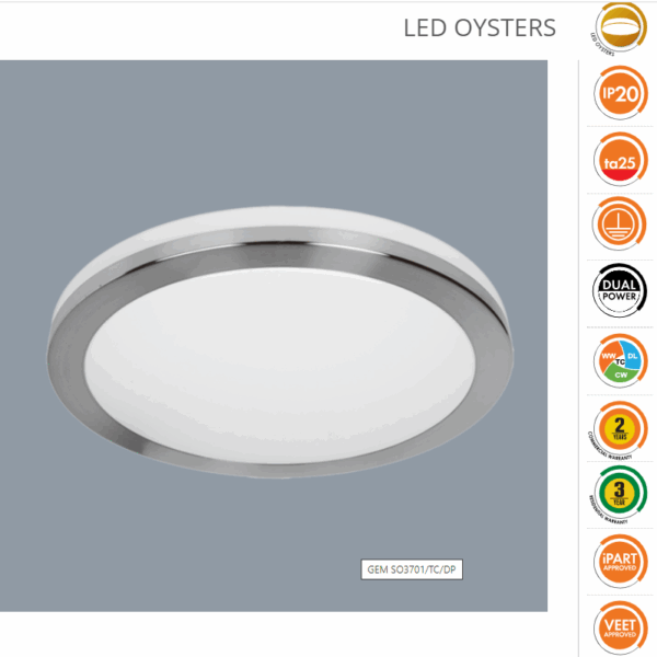 GEM SO3701/TC/DP 310mm LED Oyster 8 to 16 Watt Satin Nickel Trim Deco With Selectable Colour Temperature And Dual Power
