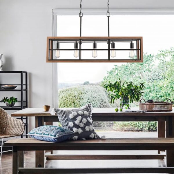 Banquet Rectangular Wood Frame Dinning Table 5 Lights Pendant