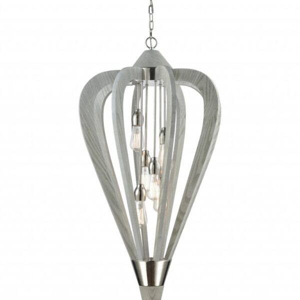 Senorita6 Large Mid Century Modern Arrow Polished Nickel & Winter Moss Wood Pendant Light