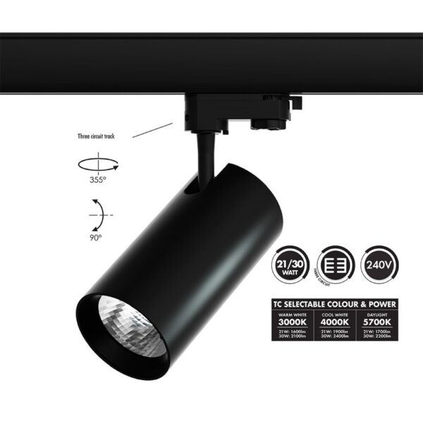STR3/9017 Unitrek Three Circuit, 21/30W Architectural Track Spot With Integral Dual Power Driver And Selectable Colour Temperature