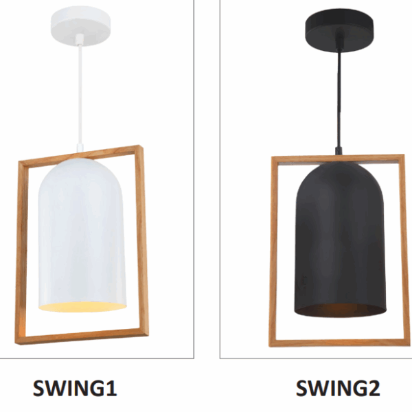 Swing Industrial Oblong Shape Pendant Light In White & Black With Timber Frame