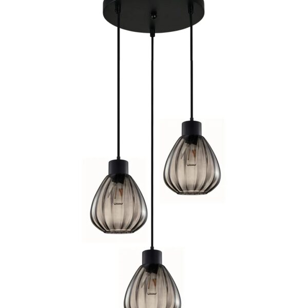 Tulip Interior Bronze Amber / Smokey Black Wine Glass Ribbed Multiple Round Base Pendant Light