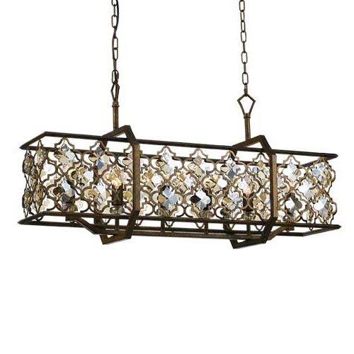 Mimosa PE89 MC 6 Light Dinning Table Rectangular Aged Brass Frame Crystal Pendant
