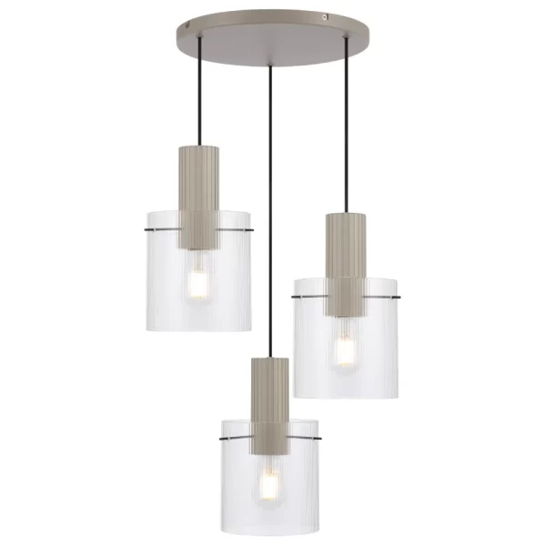 Mika 3 Light Round Grey Base Ribbed Glass Pendant